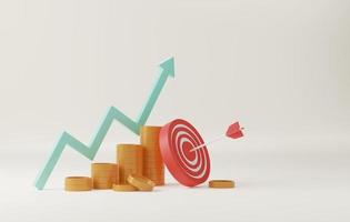 Pile of gold coins with growing arrows and a dart board on white background. photo