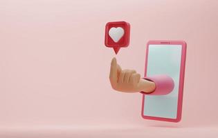 Hand made heart symbol with heart icon over smartphone screen on pink background. photo