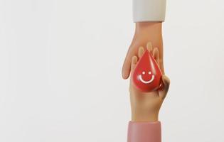 Hand holding a drop of blood with a smiling face giving it to recipient. photo