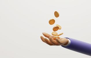 Businessman hands waiting to receive falling gold coins on a white background. photo