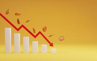 Red arrow graph pointing down pile of coins falling with declining bar graph on yellow background. photo