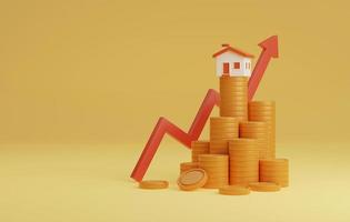 House icon stack of coins and red arrow pointing up on yellow background. photo