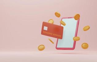 Smartphone, credit cards and coin on a light pink background. photo