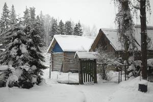 casa de campo en invierno. el techo está cubierto de nieve. campo. foto