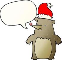 cartoon bear wearing christmas hat and speech bubble in smooth gradient style vector