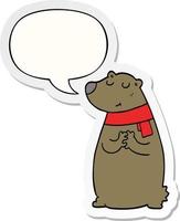 cartoon bear wearing scarf and speech bubble sticker vector