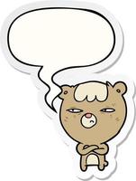 cartoon annoyed bear and arms crossed and speech bubble sticker vector