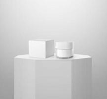 Cosmetic jar with packaging box mockup on Shiny white round pedestal podium photo