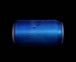 Concept of thirst and quenching thirst. Blue metal can with cola or beer. Drops of condensation on the surface photo