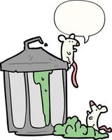 cartoon old metal garbage can and mice and speech bubble vector