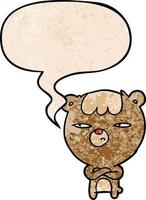 cartoon annoyed bear and arms crossed and speech bubble in retro texture style vector