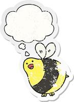 cartoon bee and thought bubble as a distressed worn sticker vector