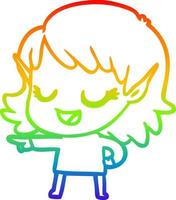 rainbow gradient line drawing happy cartoon elf girl pointing vector