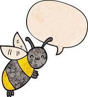 cute cartoon bee and speech bubble in retro texture style vector