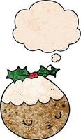 cute cartoon christmas pudding and thought bubble in grunge texture pattern style vector