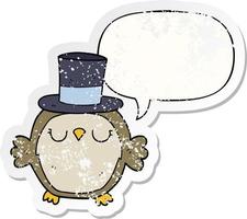 cartoon owl wearing top hat and speech bubble distressed sticker vector