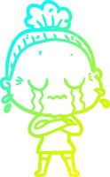 cold gradient line drawing cartoon crying old lady vector