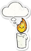 cartoon candle character and thought bubble as a distressed worn sticker vector