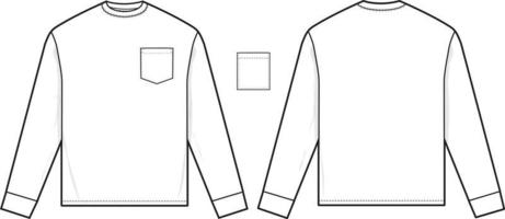Long sleeve pocket t-shirt flat technical drawing illustration short sleeve blank streetwear mock-up template for design and tech pack men unisex women vector
