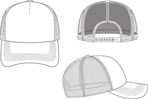 Trucker Hat Snapback Technical Drawing Illustration Blank Streetwear Mock-up Template for Design and Tech Packs CAD Strap Mesh vector