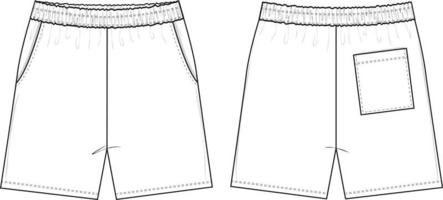 pantalones cortos elásticos ilustración de dibujo técnico plano plantilla de maqueta de streetwear en blanco para paquetes de diseño y tecnología cad con bolsillo trasero unisex vector