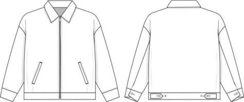 chaqueta de camionero de trabajo con cremallera plantilla de maqueta de ilustración de dibujo técnico plano con cuello para paquetes de diseño y tecnología hombres o unisex moda cad streetwear mujer ropa de trabajo utilidad vector