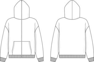 Full zip hoodie sweatshirt flat technical drawing illustration mock-up template for design and tech packs men or unisex fashion CAD streetwear