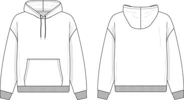 Hoodie sweatshirt flat technical drawing illustration mock-up template for design and tech packs men or unisex fashion. vector
