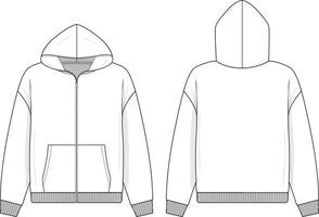 Open full zip hoodie sweatshirt flat technical drawing illustration mock-up template for design and tech packs men or unisex fashion CAD streetwear