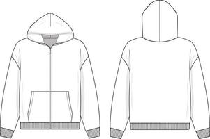 Zip hoodie sweatshirt flat technical drawing illustration mock-up template for design and tech packs men or unisex fashion CAD streetwear
