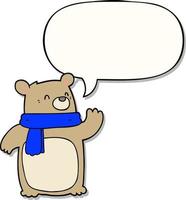 cartoon bear wearing scarf and speech bubble sticker vector