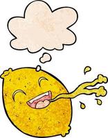 cartoon squirting lemon and thought bubble in grunge texture pattern style vector