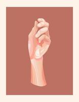 Hand with palm up and close fingers. Give me money. Any change. Close up body part. Helping hand. Flat design. Brown background. Vector poster.