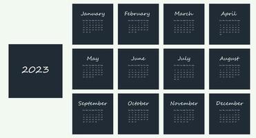 Minimalistic 2023 calendar with white text on dark background. Monthly calendar vector