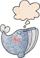 cartoon whale with love heart and thought bubble in grunge texture pattern style vector