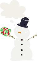 cartoon snowman and thought bubble in retro style vector