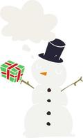 cartoon snowman and thought bubble in retro style vector