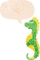 cartoon sea horse and speech bubble in retro textured style vector