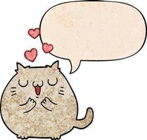 cute cartoon cat in love and speech bubble in retro texture style vector