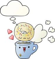 cute cartoon donut and coffee and thought bubble in smooth gradient style vector