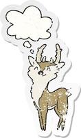 cartoon happy stag and thought bubble as a distressed worn sticker vector