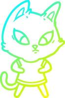 cold gradient line drawing confused cartoon cat in clothes vector