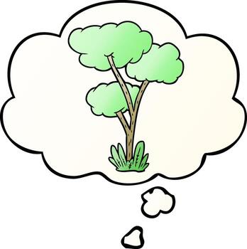 árbol de dibujos animados y burbuja de pensamiento en estilo degradado suave vector