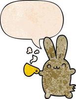 cute cartoon rabbit drinking coffee and speech bubble in retro texture style vector