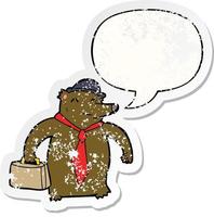 cartoon business bear and speech bubble distressed sticker vector