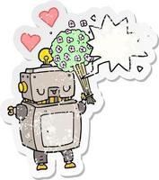 robot de dibujos animados enamorado y etiqueta engomada angustiada de la burbuja del habla vector