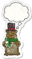 cartoon bear and thought bubble as a distressed worn sticker vector