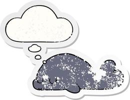 cute cartoon seal and thought bubble as a distressed worn sticker vector