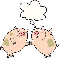 cartoon pigs dancing and thought bubble vector