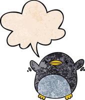 cute cartoon penguin flapping wings and speech bubble in retro texture style vector